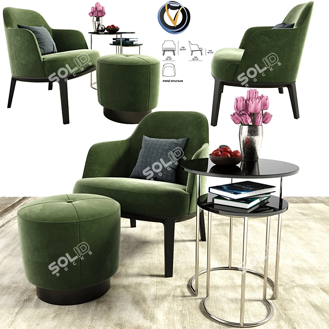 Modern Jane Fabric Armchair with Nesting Coffee Tables 3D model image 1