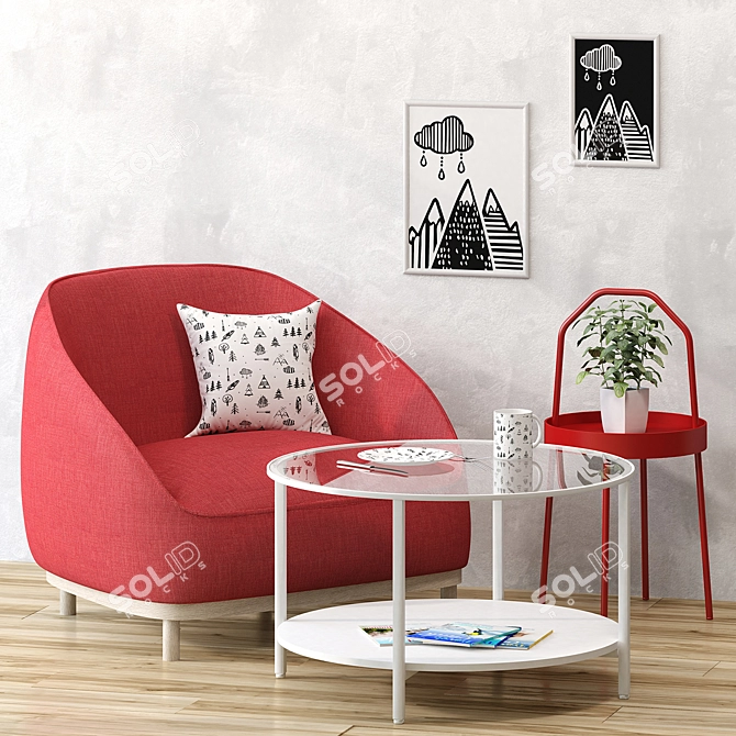 Modern Red Cube & Ikea Living Room Set 3D model image 1