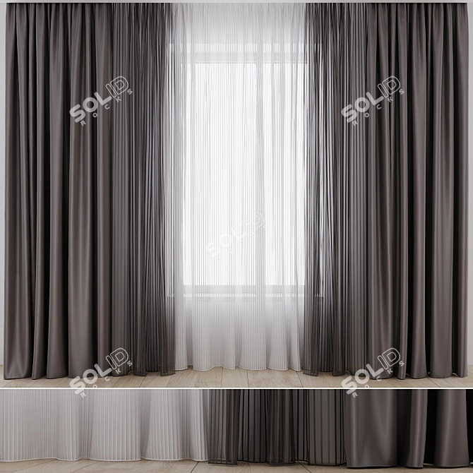 Silk Satin Curtains with Striped Tulle 3D model image 1