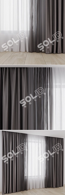 Silk Satin Curtains with Striped Tulle 3D model image 2