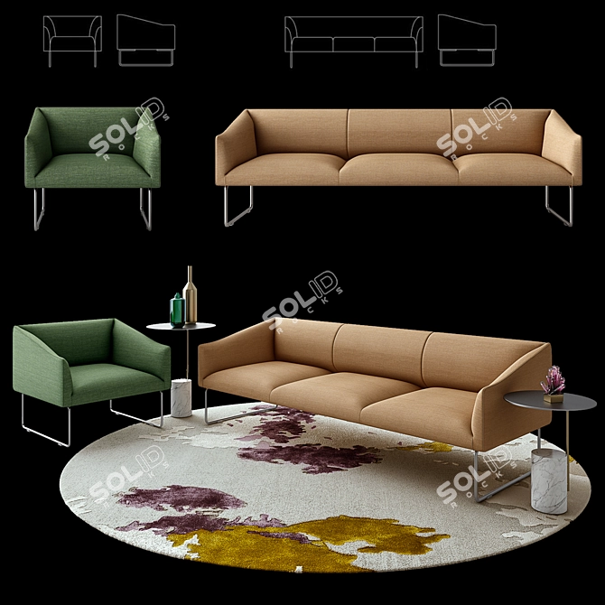 Modern Sofa & Armchair Set + Stylish Side Table 3D model image 1