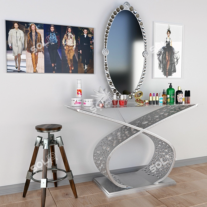 Elegant Vanity Set with Stool & Art 3D model image 1