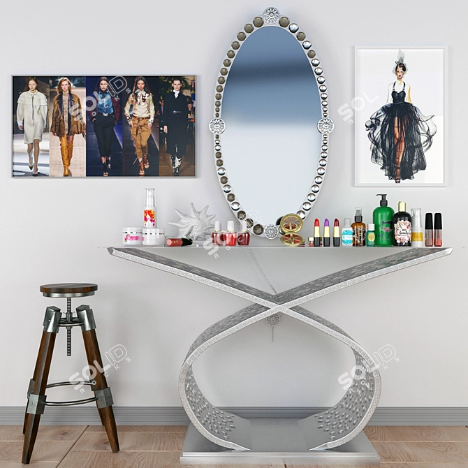 Elegant Vanity Set with Stool & Art 3D model image 2