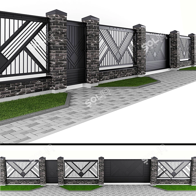 Brick Fence Set with Gates 3D model image 1