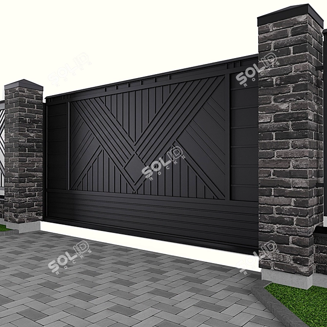 Brick Fence Set with Gates 3D model image 2