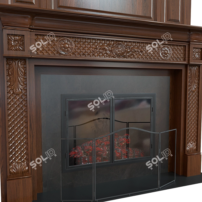 Classic Wooden Fireplace with Carvings 3D model image 2