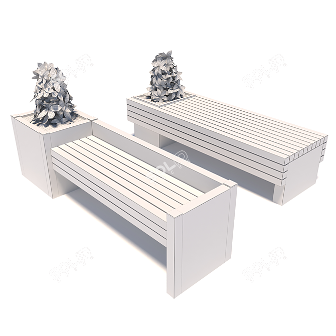 Natural Scale Street Benches with Plants 3D model image 2