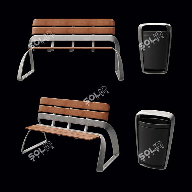 Elegant Street Bench & Urn Set 3D model image 1