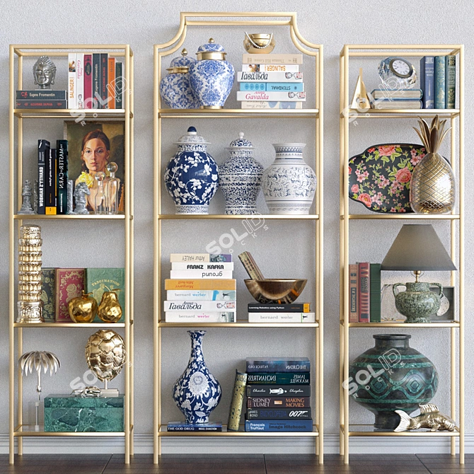 Elegant Décor Shelf with Porcelain, Books, and Lamp 3D model image 1