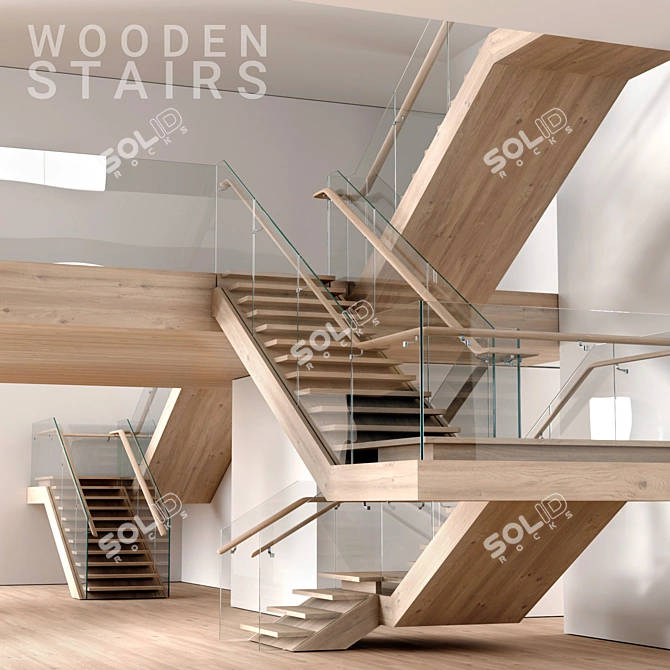 Elegant Wood Staircase Set 3D model image 1