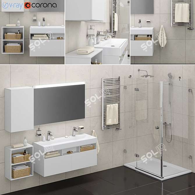 Luxury Bathroom Set: Ravak Brilliant Shower Enclosure, Terma Domi Towel Radiator, Ravak Natural Furniture 3D model image 1