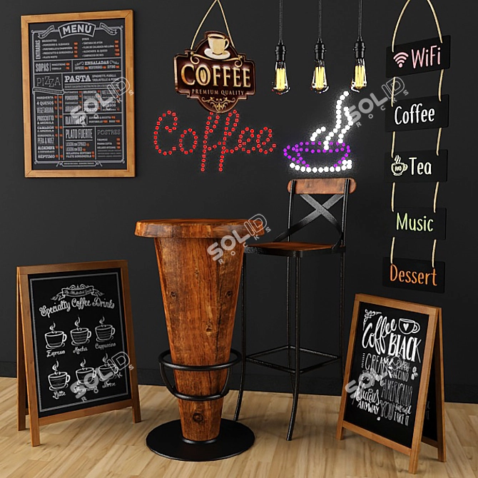 Vintage Coffee Shop Set: Table, Chair, Board 3D model image 1