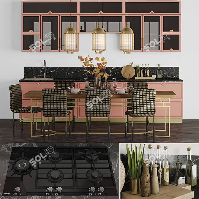 Stylish Kitchen Set with Chairs, Gas Hob, Pendant, and Sink 3D model image 1