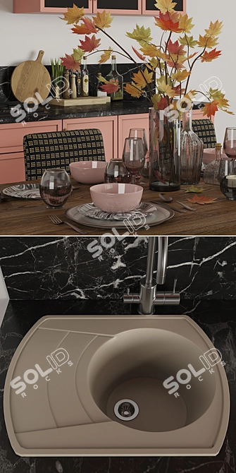 Stylish Kitchen Set with Chairs, Gas Hob, Pendant, and Sink 3D model image 3