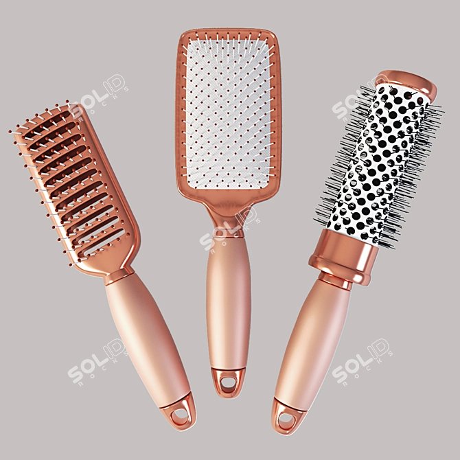 Rose Gold Brush Set: Paddle, Round & Skeleton Brushes 3D model image 2