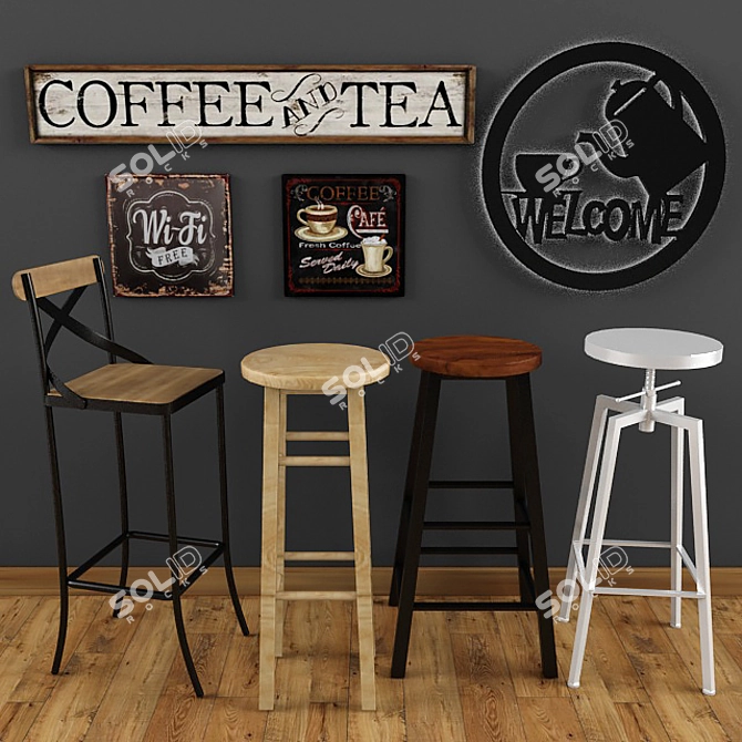 Vintage Cafe Setup - Chair, Board, Floor, Wifi 3D model image 1