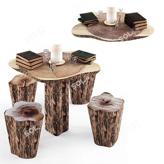 Rustic Wood Table & Chair Set 3D model image 1