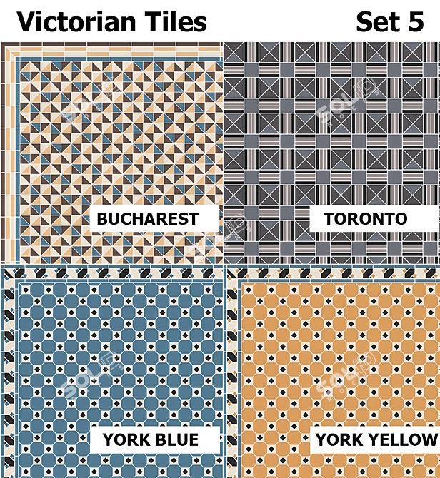 Victorian Style Tile Set: Bucharest, Toronto, York Blue & Yellow 3D model image 1