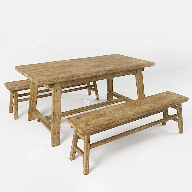 Rustic Country Table & Bench 3D model image 1