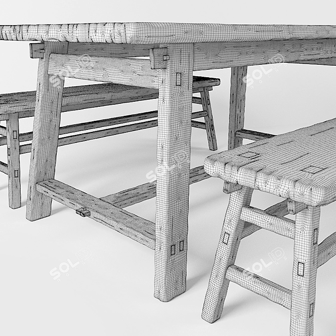 Rustic Country Table & Bench 3D model image 3