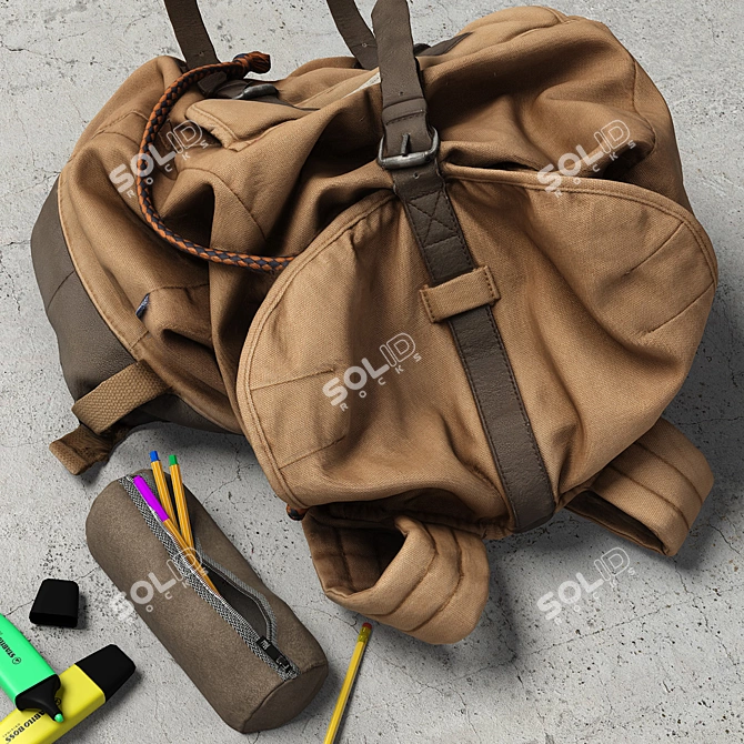 Vintage Backpack with Pencase 3D model image 2