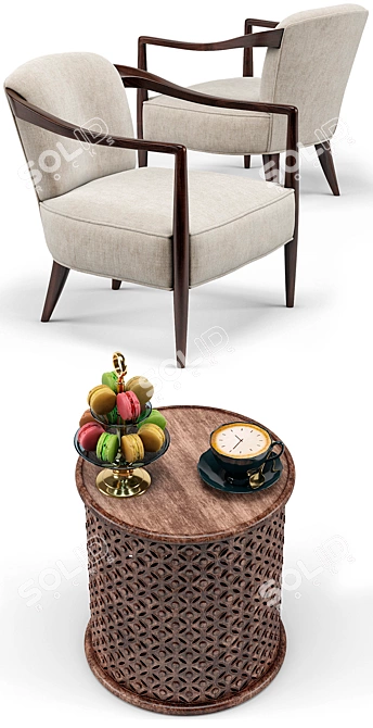 Mid-Century Barrelback Chair & Carved Side Table 3D model image 2
