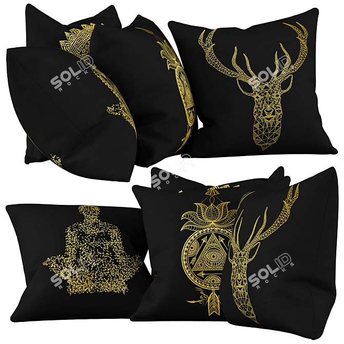 Ultimate Comfort: Black and Gold Pillow Set 3D model image 2