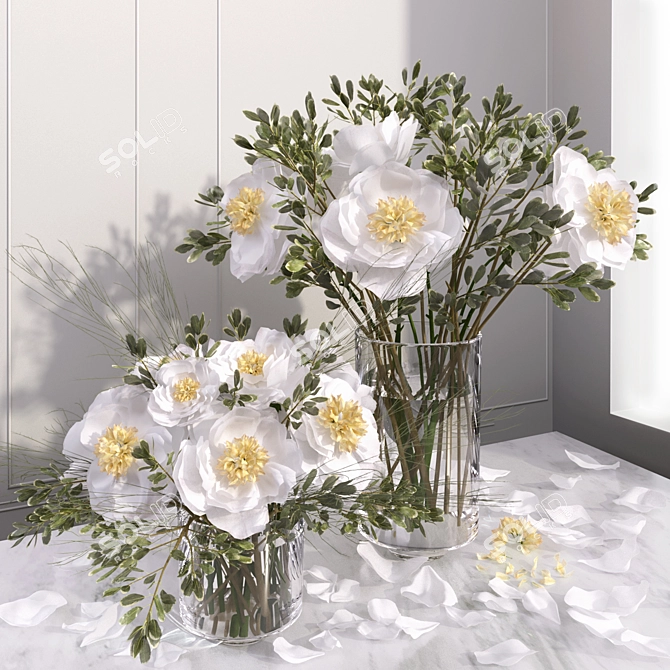 Elegant White Peony Vase 3D model image 1