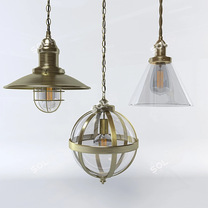 Antique Brass Pendant Lighting Set 3D model image 1