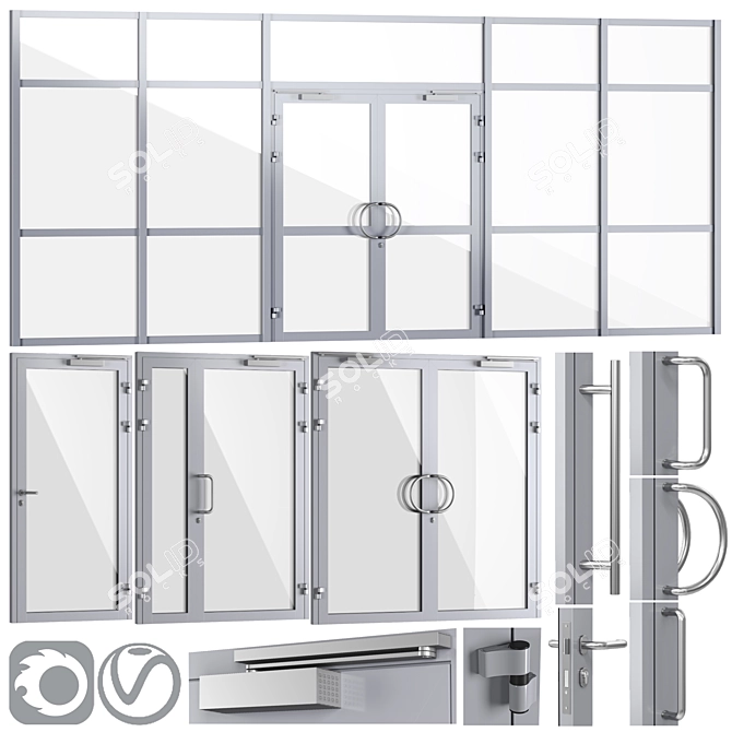 Fireproof Glass Doors & Partitions + Handles 3D model image 1