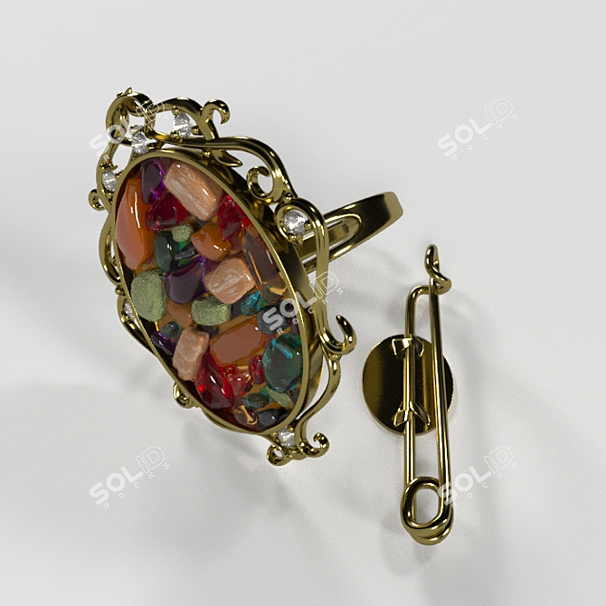 Antique-inspired Carved Ring with Gemstones 3D model image 3