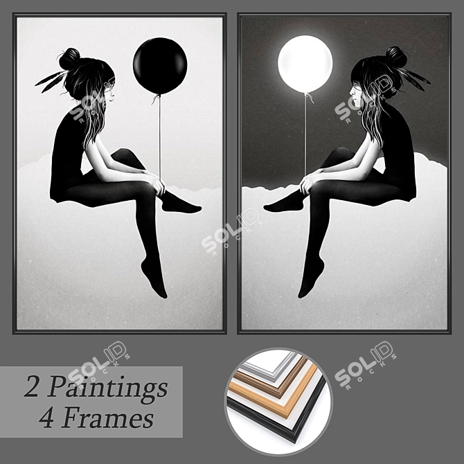 Artistic Set: 2 Wall Paintings with 4 Frame Options 3D model image 1