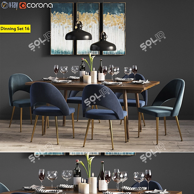 Modern Walnut Dining Set: Chairs, Table & Pendant Light 3D model image 1