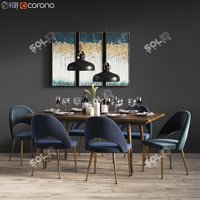 Modern Walnut Dining Set: Chairs, Table & Pendant Light 3D model image 2