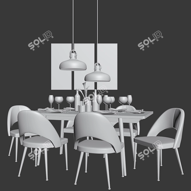 Modern Walnut Dining Set: Chairs, Table & Pendant Light 3D model image 3