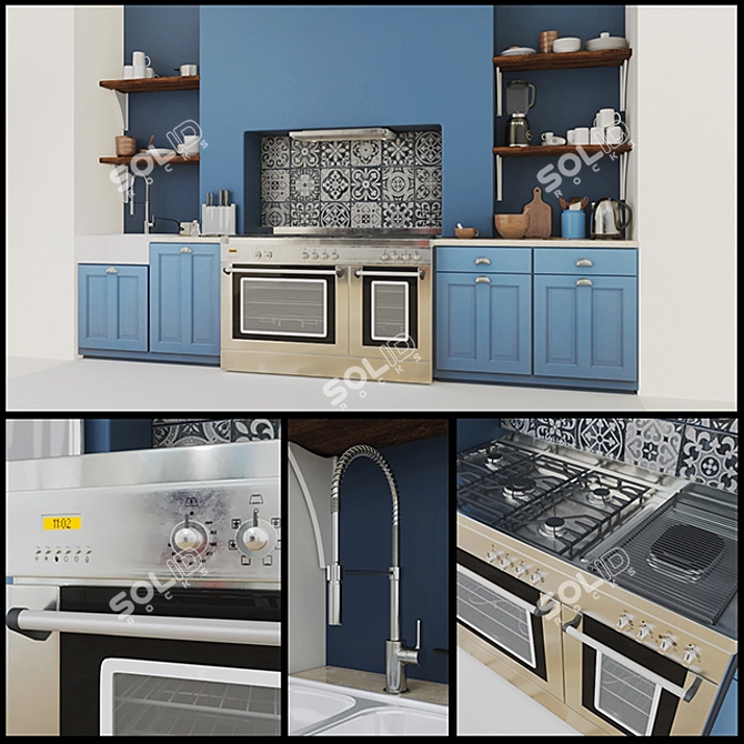 Rustic Blue Oak Kitchen 3D model image 2