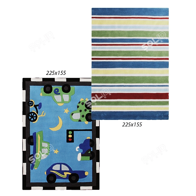 Curious Owl Kid's Rugs: Blue Stripes & Traffic 3D model image 1