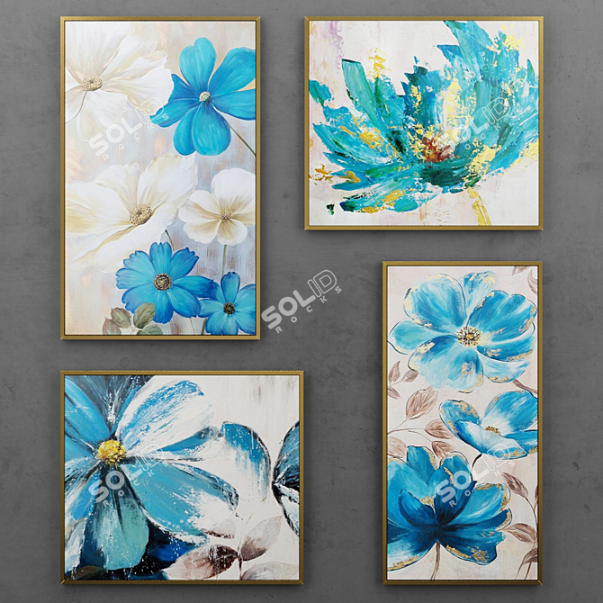 Blue Blooms Set: Modern Floral Paintings 3D model image 1