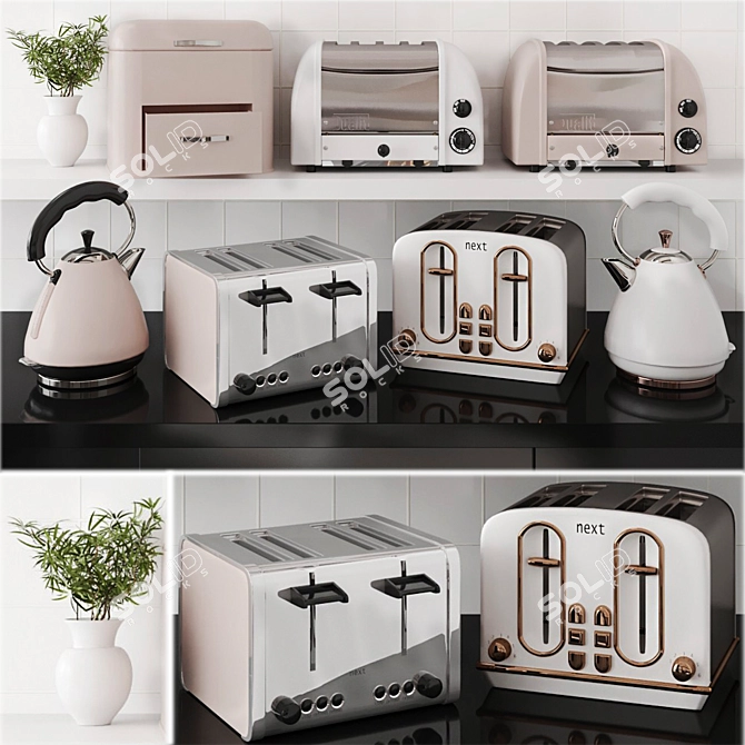 Modern Kitchen Appliance Set: Kettle, Toaster, Bread Box 3D model image 1