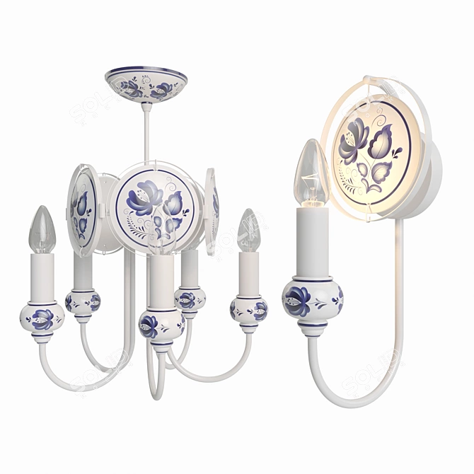 Gzhel-inspired Chandelier & Sconces Set 3D model image 1