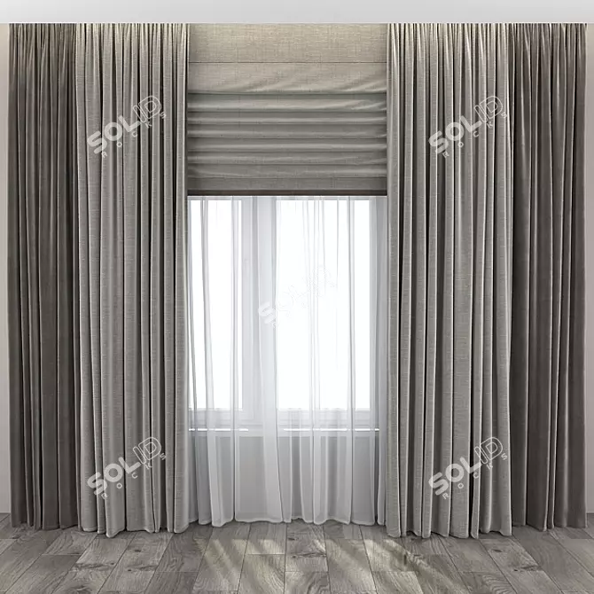 Elegant Roman-Rod Curtains & Wood Flooring 3D model image 1