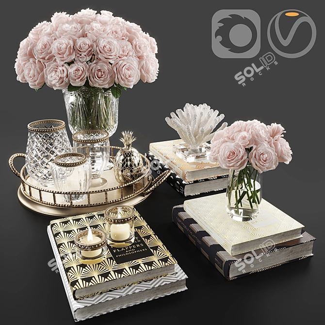 Elegant Rose & Crystal Vase Set 3D model image 1