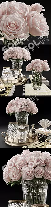 Elegant Rose & Crystal Vase Set 3D model image 2
