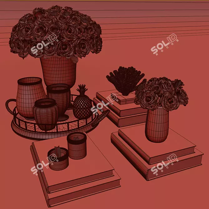 Elegant Rose & Crystal Vase Set 3D model image 3