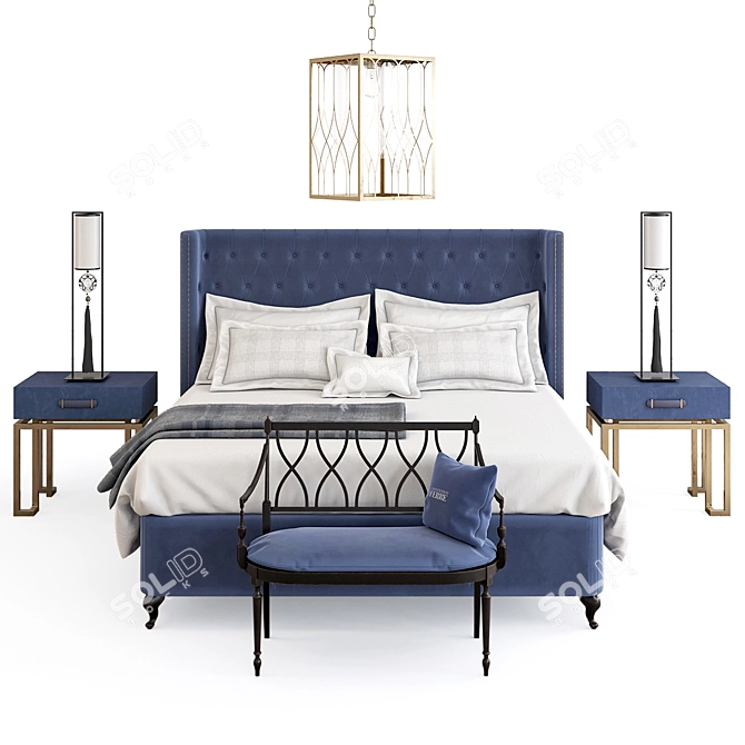 Modern Bed Set with POUF, Night Tables, and Lamps 3D model image 1