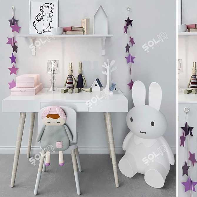 Children's Room Playset: Toys, Soft Toys, Table, Chair, Jewelry Box, Rabbit Books 3D model image 1
