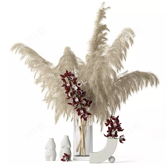 Realistic Pampas Grass & Cymbidium: Elegant Vases 3D model image 1