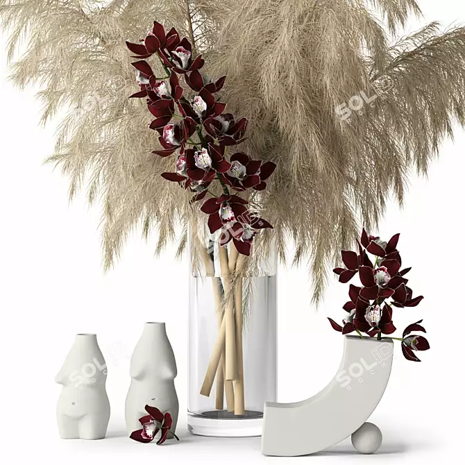 Realistic Pampas Grass & Cymbidium: Elegant Vases 3D model image 2