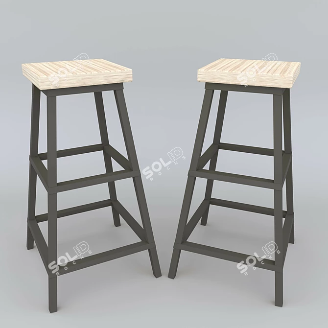 Rustic Wooden Metal Leg Stool 3D model image 1