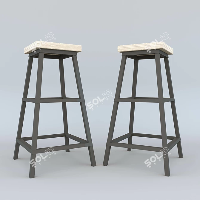 Rustic Wooden Metal Leg Stool 3D model image 2